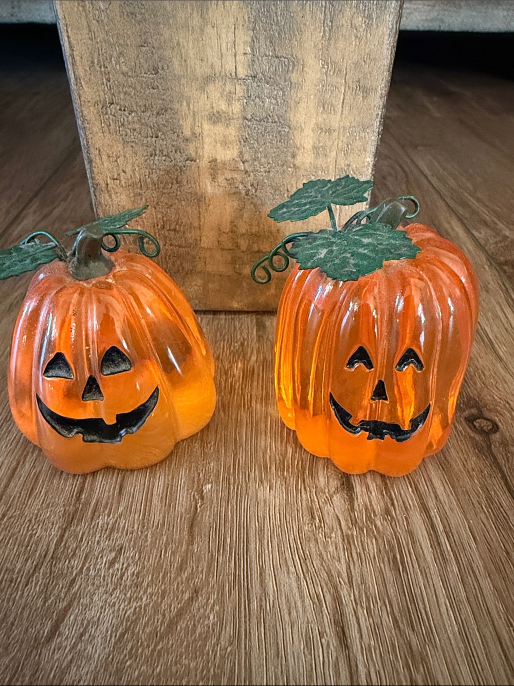 2 VTG Orange Lucite Jack O Lanterns Pumpkins Figurine Spooky Decor Halloween MCM